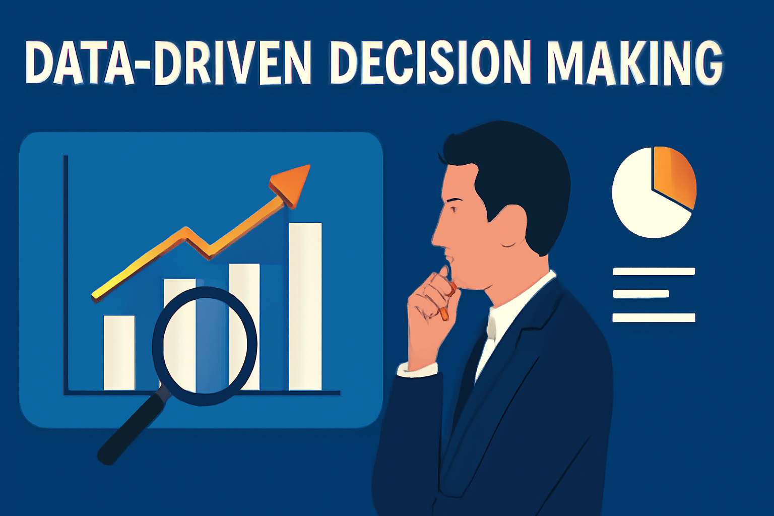 An illustration depicting the concept of 'Data-Driven Decision Making.' The image features a professional man in profile, thinking while standing beside a bar chart with an upward trend, a magnifying glass, and a pie chart. The bold text 'DATA-DRIVEN DECISION MAKING' is displayed at the top against a deep blue background.