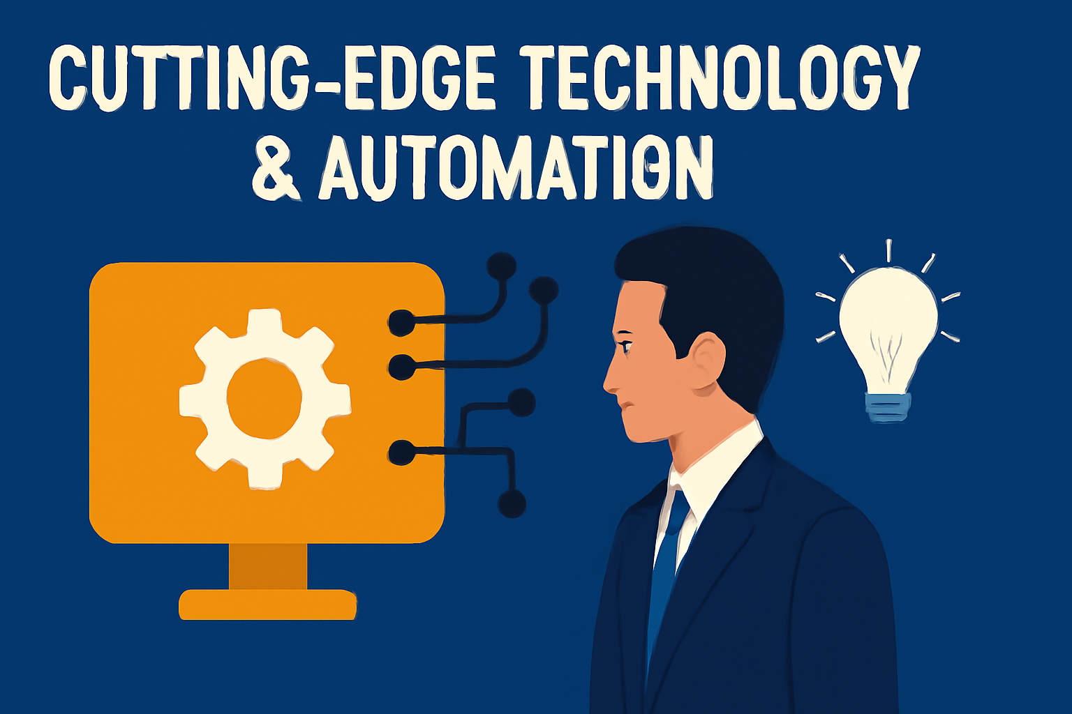 An illustration representing 'Cutting-Edge Technology & Automation.' The image features a professional figure in a suit standing beside a computer displaying a gear symbol. Circuit lines extend from the computer towards a glowing lightbulb, symbolizing innovation and automation, set against a deep blue background with bold, cream-colored text at the top.