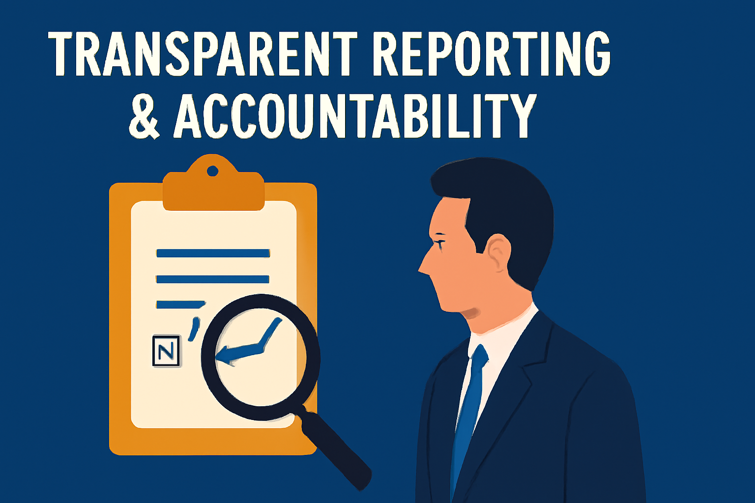 An illustration depicting 'Transparent Reporting & Accountability.' The image features an orange-brown clipboard with a white paper and navy blue checkmark, magnified by a navy blue magnifying glass. A professional man in a suit observes the scene from the right, with bold, cream-colored text at the top against a deep blue background.