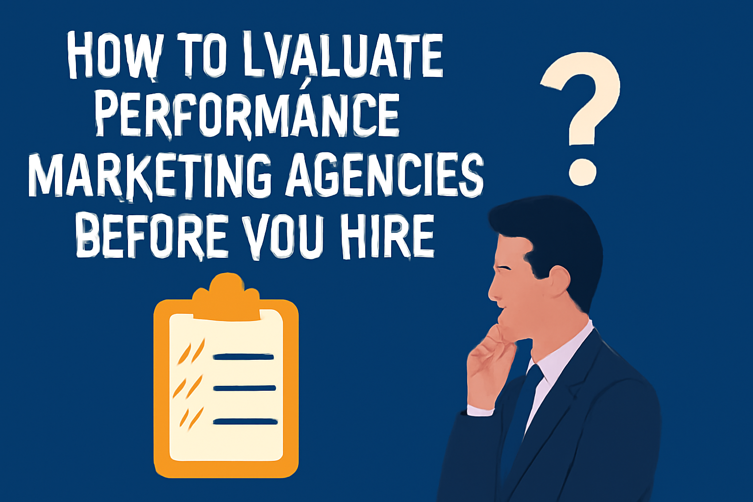 An illustration representing the blog section 'How to Evaluate Performance Marketing Agencies Before You Hire.' The image features bold white text on a deep blue background, with a professional man in profile thoughtfully touching his chin. Above him, an orange clipboard with a checklist and an off-white question mark float in the scene.