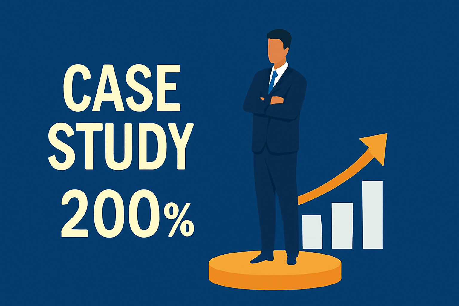 A minimalist digital illustration featuring the words 'CASE STUDY' and '200%' in bold white text on a deep blue background. A businessman stands confidently on a golden platform, with white bar graphs rising behind him and an orange arrow pointing upwards, symbolizing business success and growth.