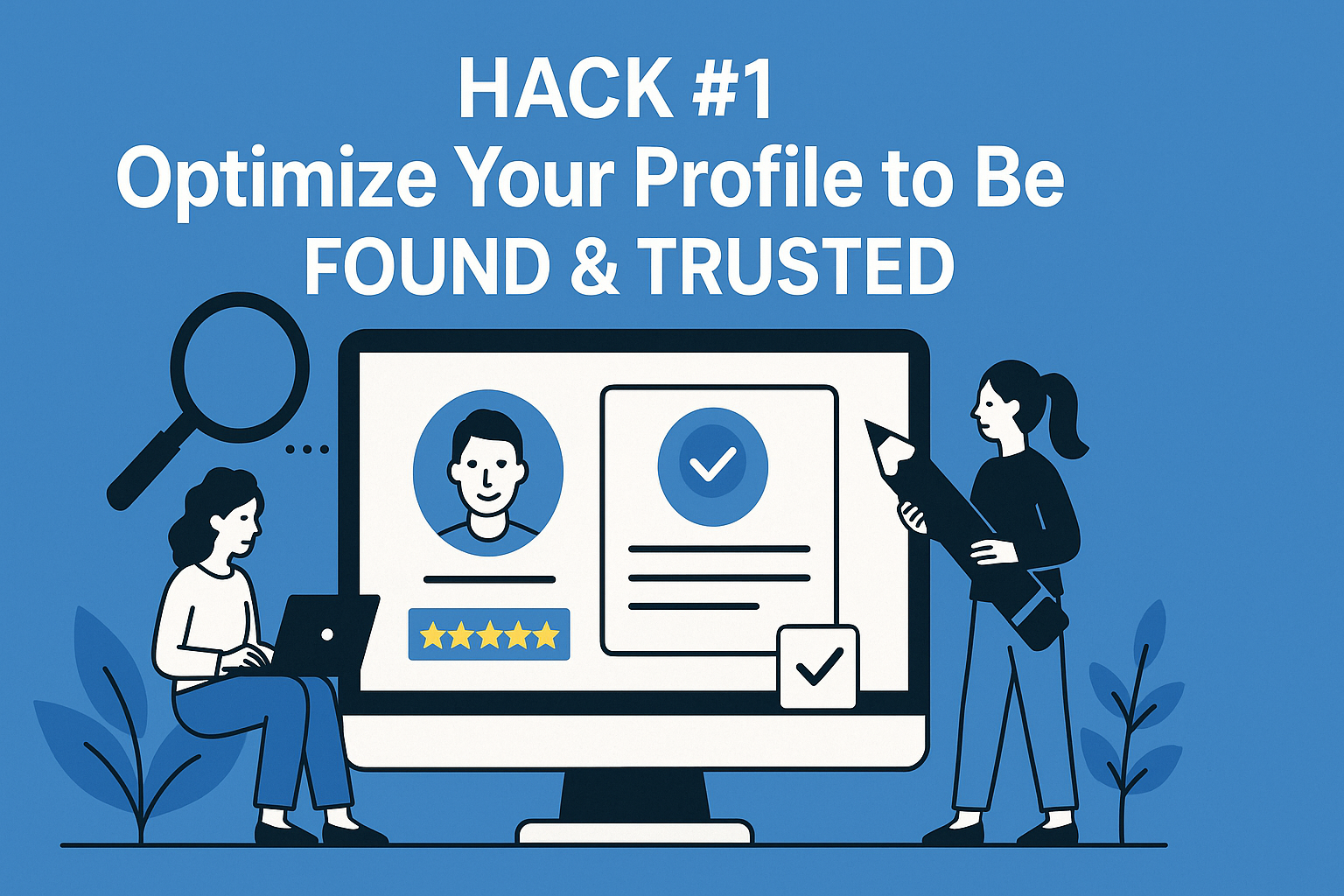 Illustration of two women optimizing a digital profile on a large computer screen, with a magnifying glass and star ratings, symbolizing trust and discoverability; text above reads "Hack #1: Optimize Your Profile to Be Found & Trusted.