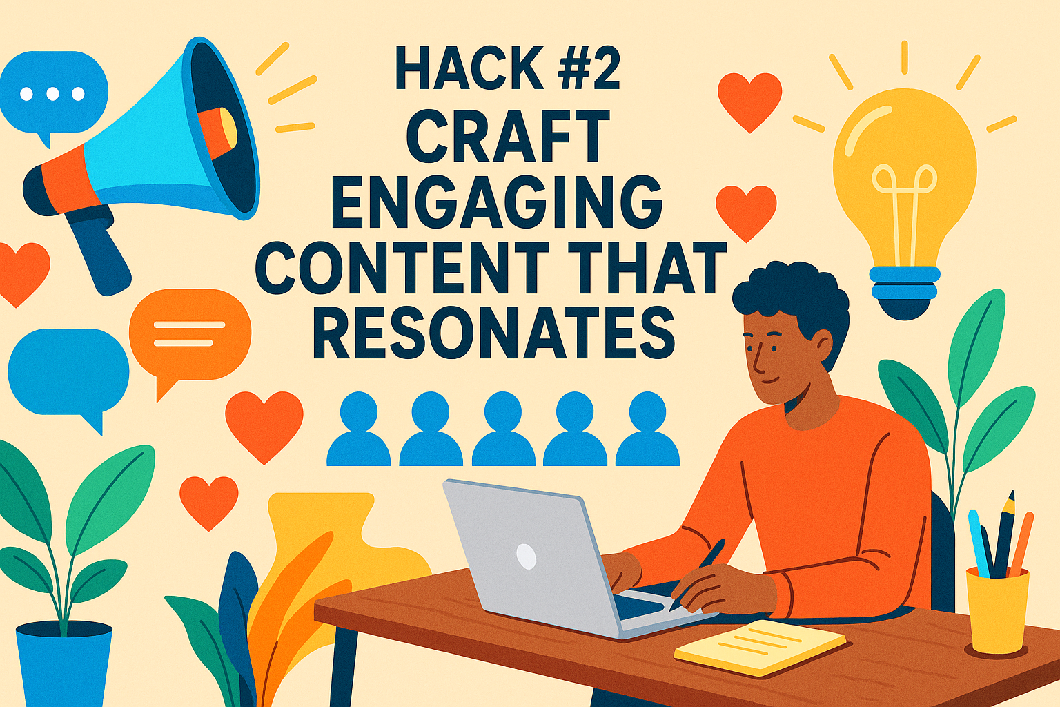 Flat-style illustration of a person at a desk working on a laptop, surrounded by a megaphone, speech bubbles, hearts, and a glowing lightbulb, symbolizing crafting engaging content that resonates with an audience.
