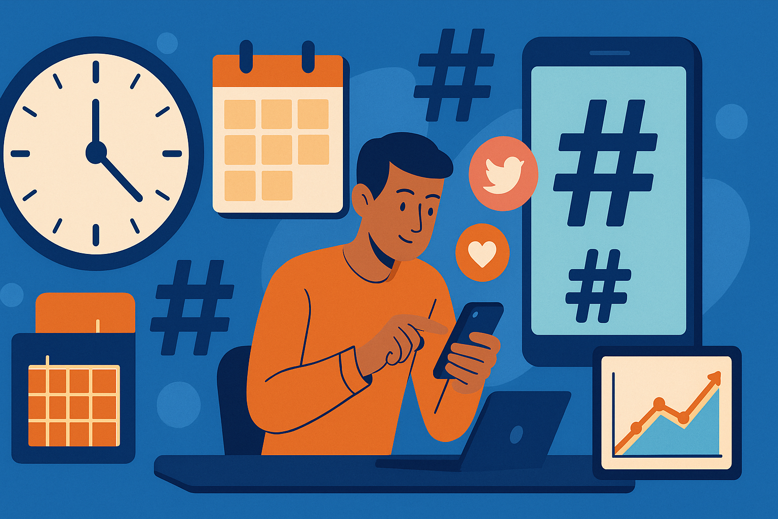 Flat-style illustration of a person at a desk holding a smartphone with a laptop in front of them, surrounded by clock and calendar icons, hashtag symbols, and an upward-trending chart, symbolizing leveraging timing and hashtags for maximum reach.