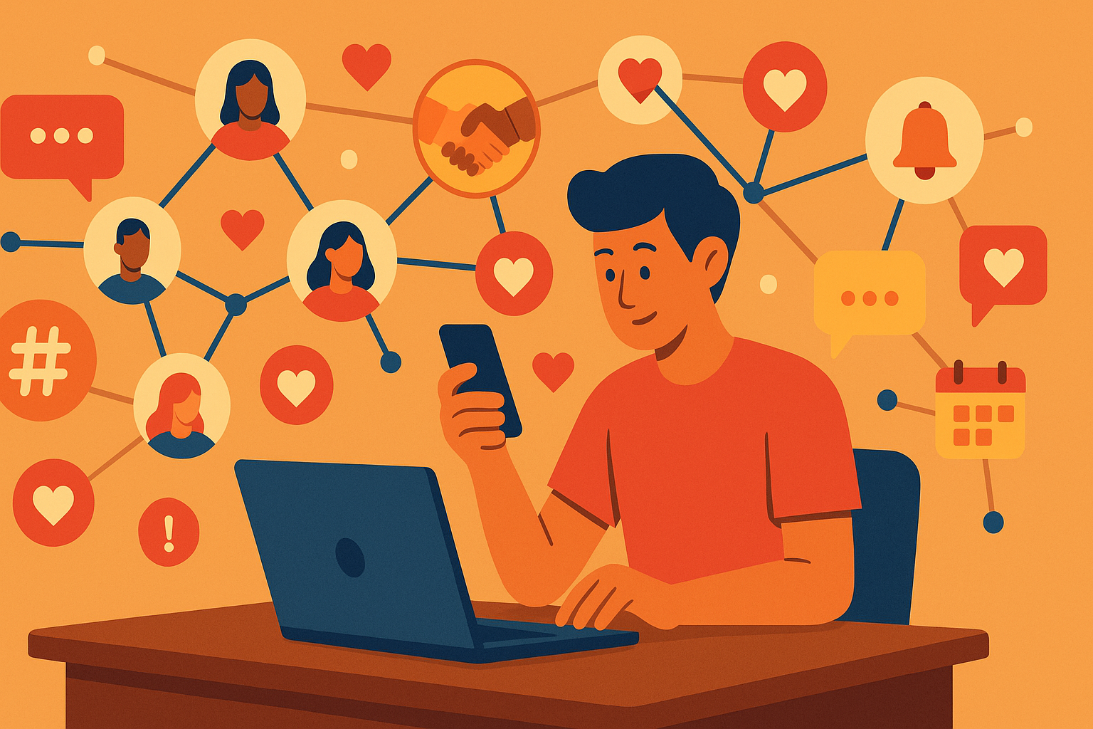Flat-style illustration of a person at a desk using a smartphone and laptop, surrounded by connected profile icons, speech bubbles, hearts, notification and calendar icons on an orange background, symbolizing consistent engagement with their network.