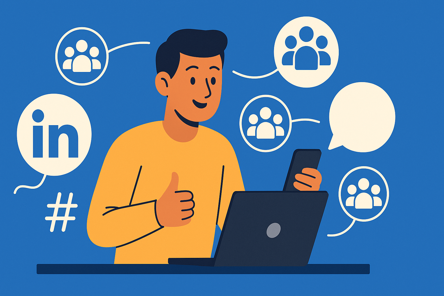 Flat-style illustration of a person at a desk using a laptop and smartphone, surrounded by the LinkedIn logo, group icons connected by lines, a hashtag symbol, speech bubble, and a thumbs-up, representing joining LinkedIn groups and communities.