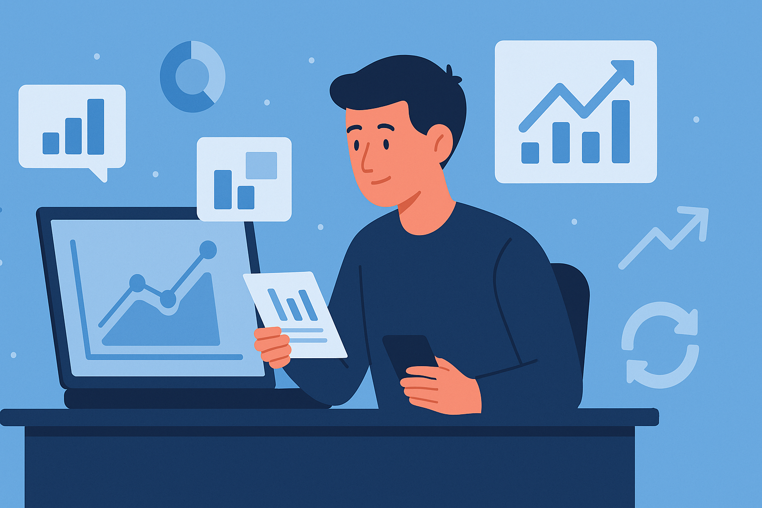 Flat-style illustration of a person at a desk reviewing analytics on a laptop and holding a bar graph printout, surrounded by icons like line graphs, pie charts, upward arrows, and a refresh symbol, symbolizing using analytics to iterate quickly.