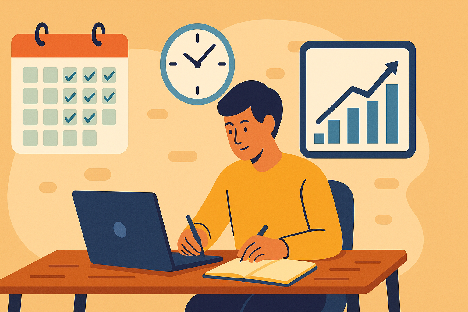 Flat-style illustration of a person at a desk writing on a laptop and notebook, with a calendar of checkmarks, a clock, and an upward-trending graph in the background, symbolizing consistent effort.