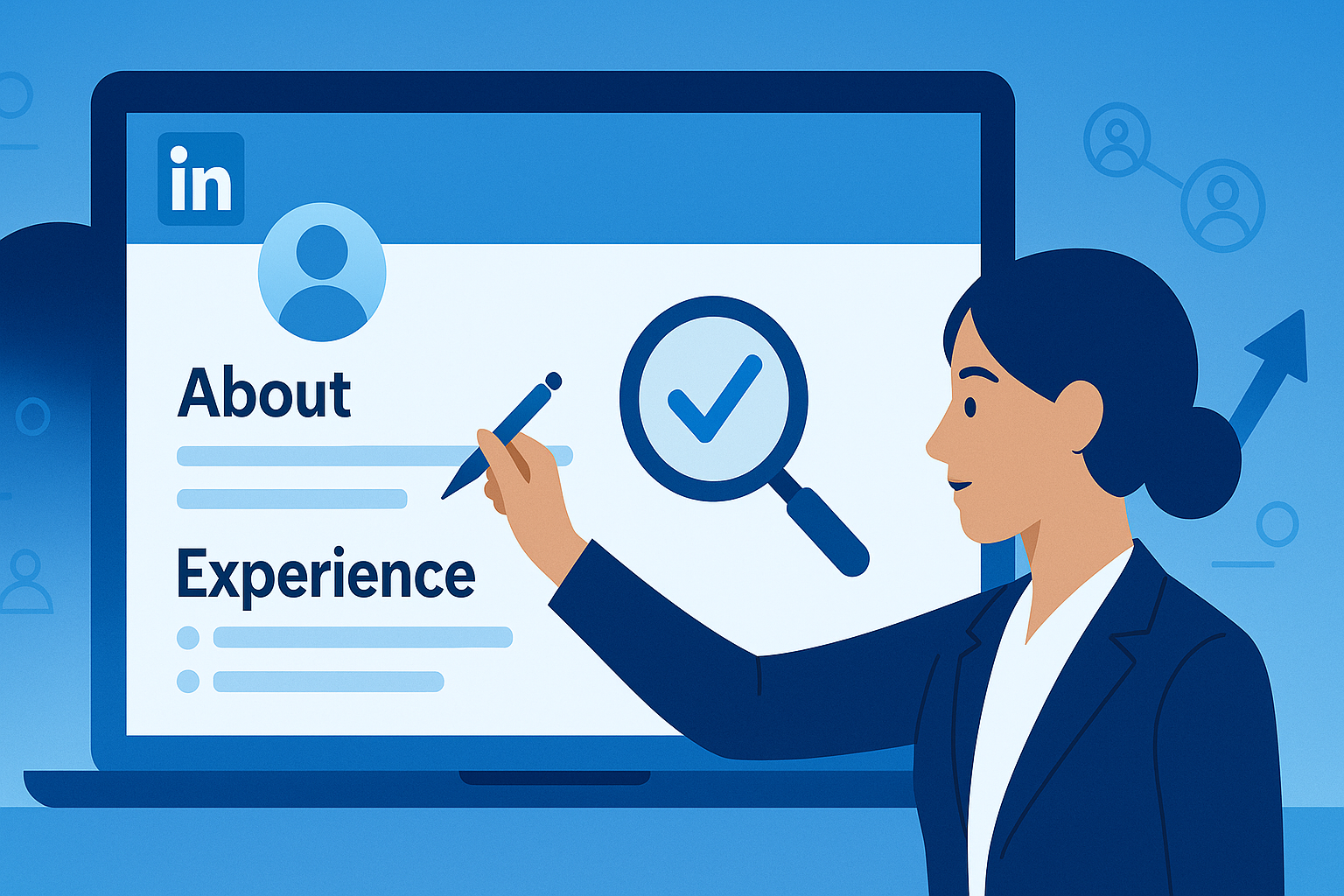 Illustration of a professional editing the About and Experience sections on a LinkedIn profile displayed on a laptop, with a pencil icon near the About heading and bullet points for Experience, alongside a magnifying glass with a checkmark, set against a blue gradient background symbolizing profile optimization