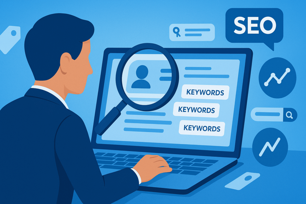 Illustration of a professional auditing their LinkedIn profile on a laptop, with a magnifying glass focusing on keywords, search bar, analytics icons, and tag symbols against a blue gradient background, symbolizing LinkedIn SEO.