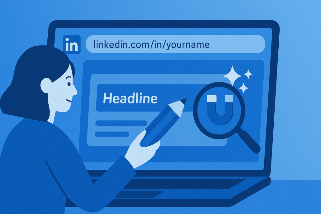 Illustration of a professional editing their LinkedIn headline on a laptop, with a pencil icon near the headline field, a visible custom URL input at the top showing ‘linkedin.com/in/yourname’, and a magnet icon with sparkles symbolizing a magnetic headline, set against a blue gradient background.