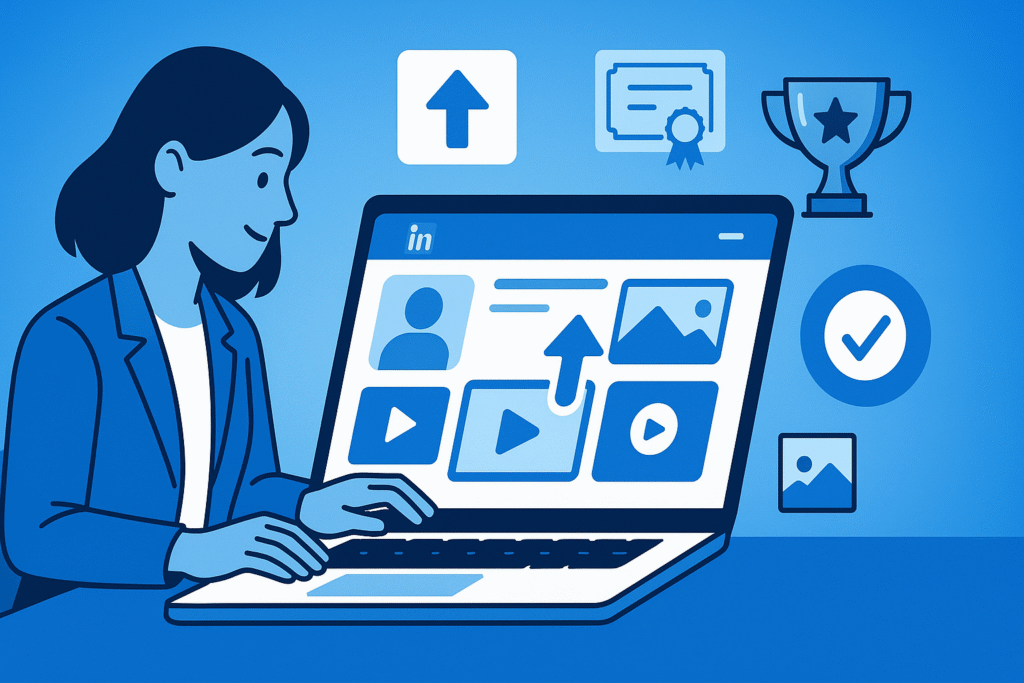 Illustration of a professional uploading rich media on their LinkedIn profile via a laptop, with icons for videos, images, certificates, and trophies floating around to represent achievements, set against a blue gradient background