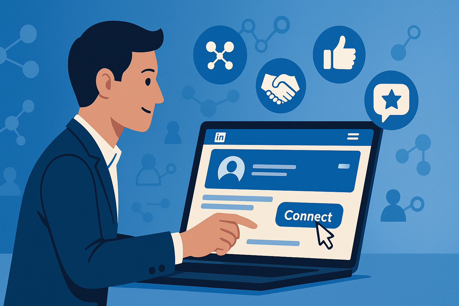 Illustration of a professional interacting with a LinkedIn-like interface on a laptop, clicking a Connect button, with floating icons of a handshake, thumbs-up, and a recommendation star, set against a blue gradient background symbolizing networking and engagement