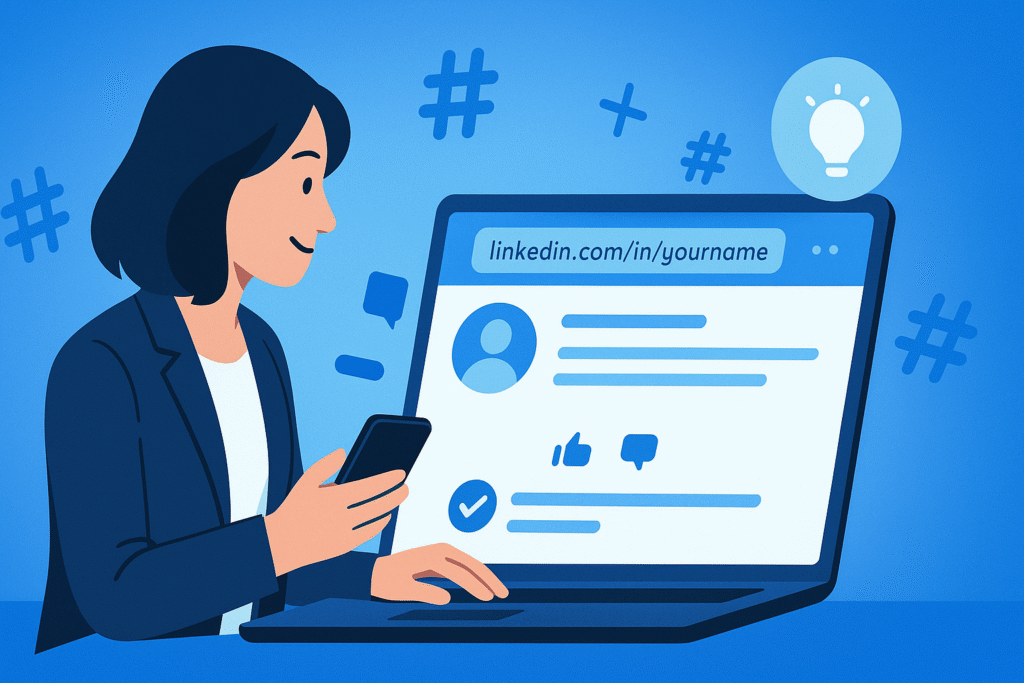 Illustration of a professional posting value-driven content on LinkedIn using a laptop and smartphone, with floating hashtag icons and engagement symbols like thumbs-up and comments around the screen against a blue gradient background.