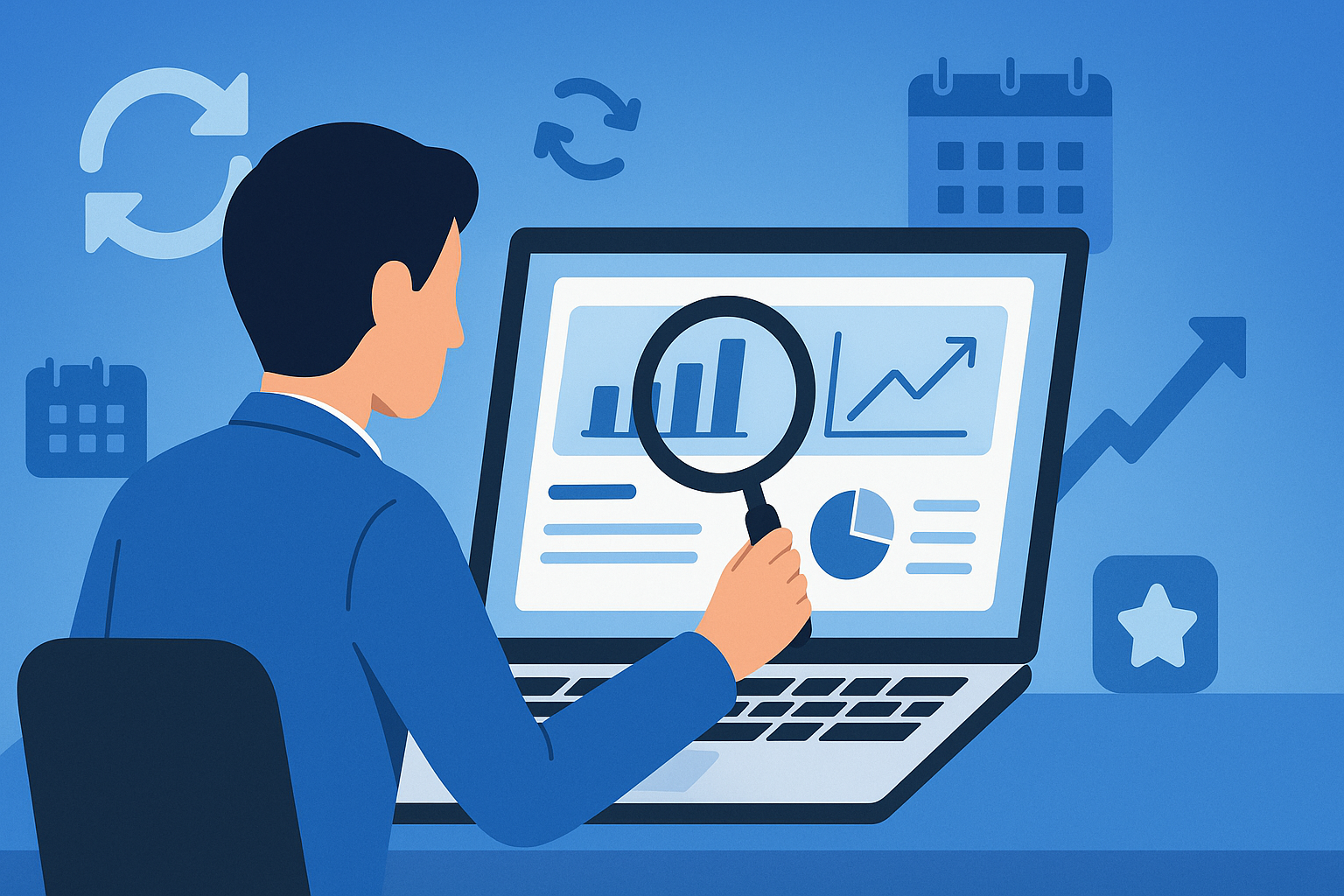 Illustration of a professional analyzing LinkedIn performance data on a laptop, using a magnifying glass to examine charts and graphs, with surrounding icons like a calendar, iteration arrows, and upward growth arrow against a blue gradient background.