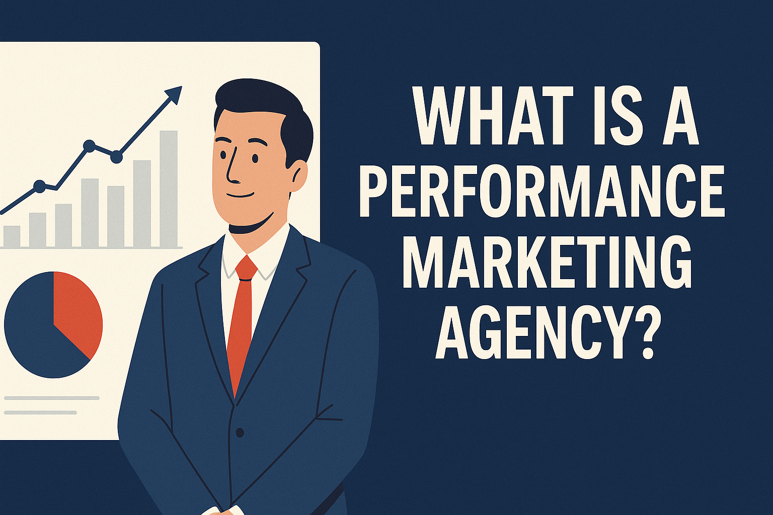 Illustration of a businessman in a suit standing beside data charts, with bold text on a dark blue background that reads 'WHAT IS A PERFORMANCE MARKETING AGENCY?