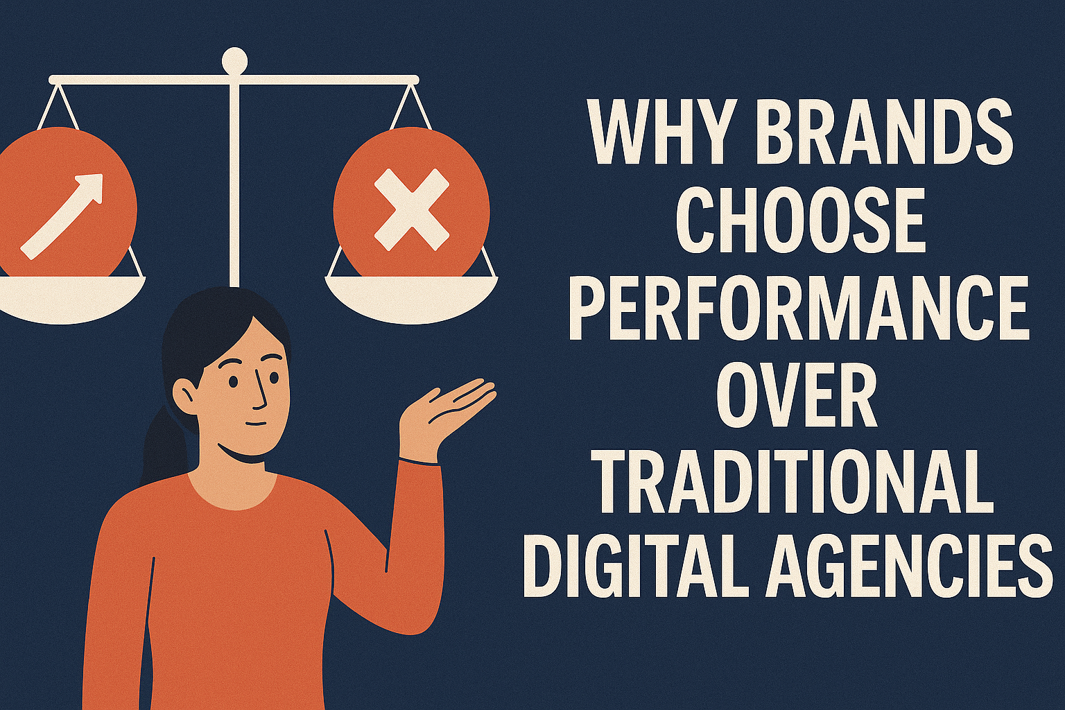 Illustration of a woman gesturing toward a balance scale comparing two icons—an upward arrow and an 'X'—with bold text on the right reading 'WHY BRANDS CHOOSE PERFORMANCE OVER TRADITIONAL DIGITAL AGENCIES' against a dark blue background.