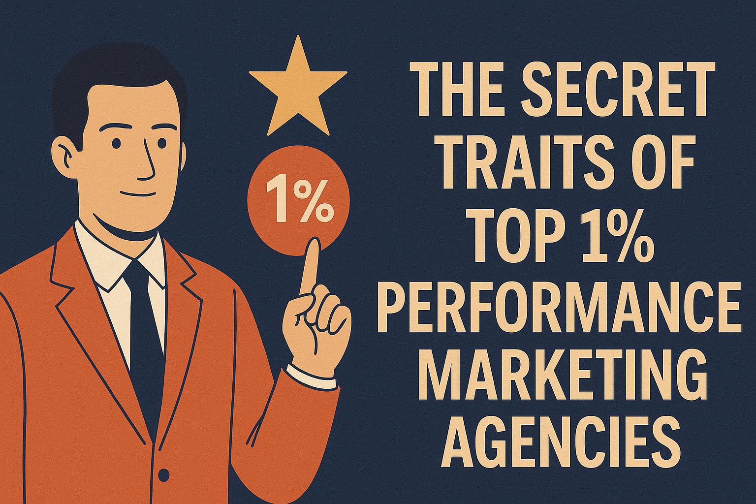 Illustration of a man in an orange suit pointing upward toward a red circle labeled '1%' and a gold star, with bold text on the right reading 'THE SECRET TRAITS OF TOP 1% PERFORMANCE MARKETING AGENCIES' on a dark blue background.