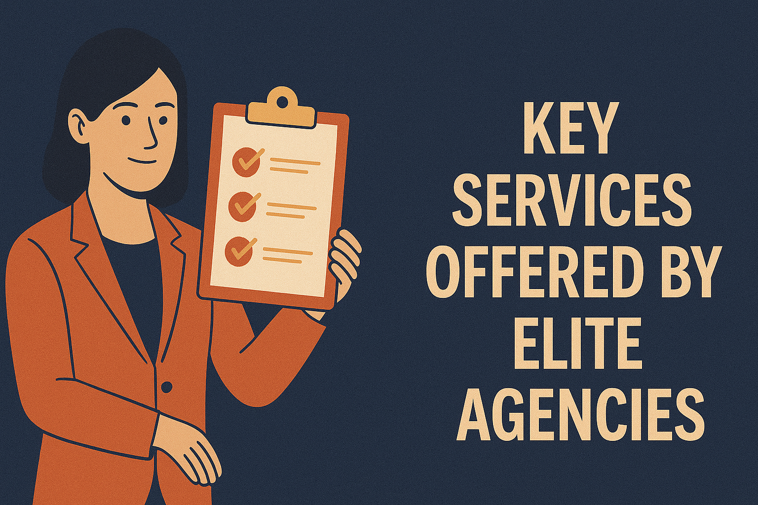 Illustration of a woman in an orange blazer holding a clipboard with a checklist, next to bold text on a dark blue background that reads 'KEY SERVICES OFFERED BY ELITE AGENCIES'.