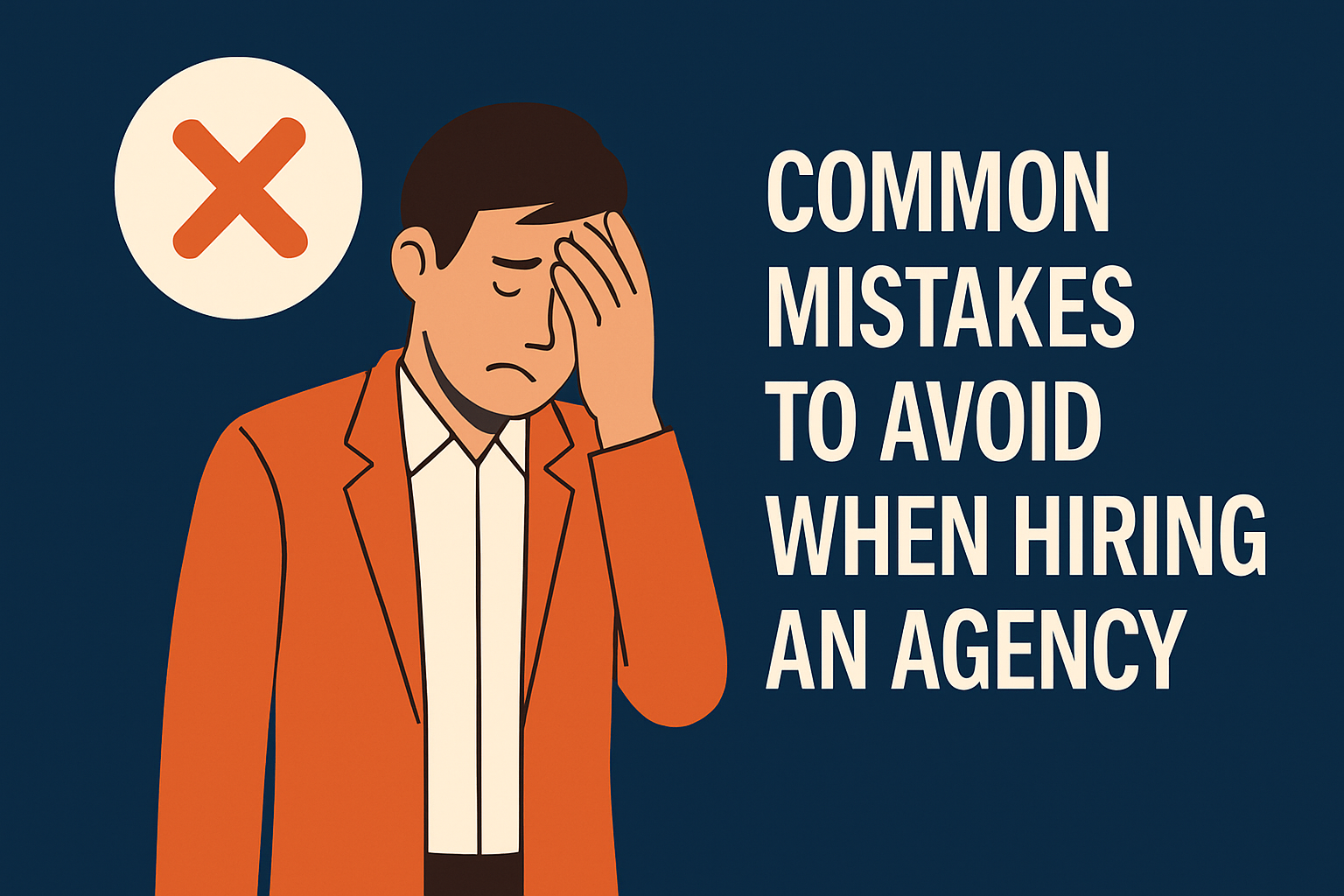 Illustration of a worried man in an orange suit holding his forehead, with a red 'X' in a white circle above him. On the right, bold white text reads 'COMMON MISTAKES TO AVOID WHEN HIRING AN AGENCY' against a dark blue background