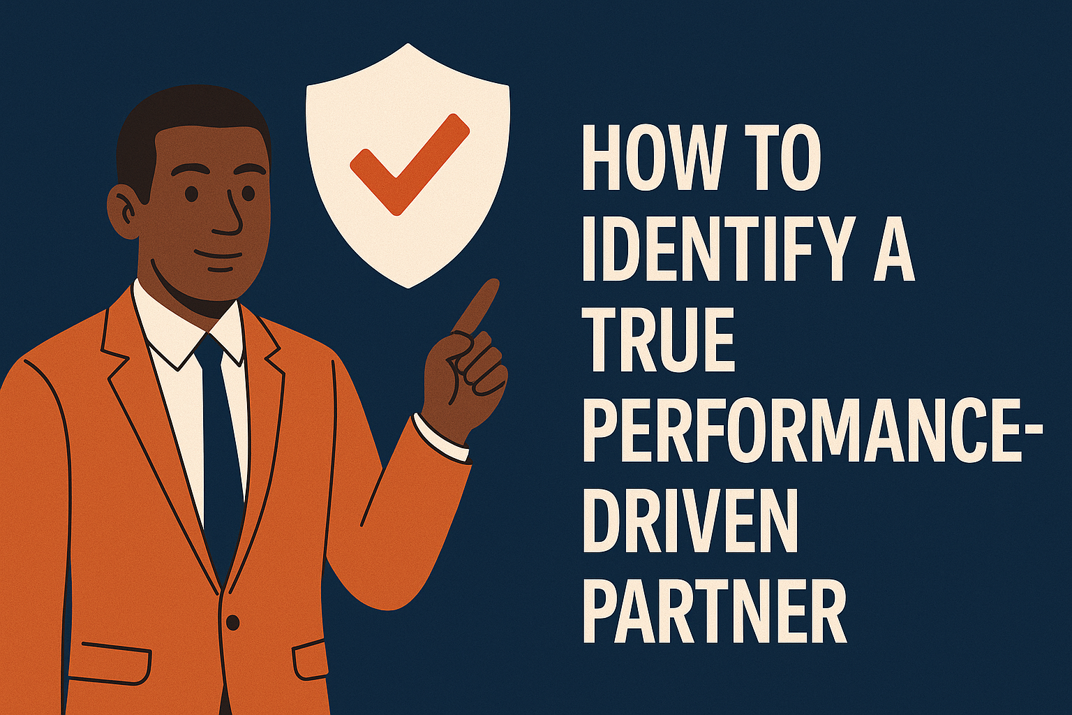 Illustration of a confident man in an orange suit pointing upward toward a shield icon with a red checkmark. To the right, bold text reads 'HOW TO IDENTIFY A TRUE PERFORMANCE-DRIVEN PARTNER' on a dark blue background.