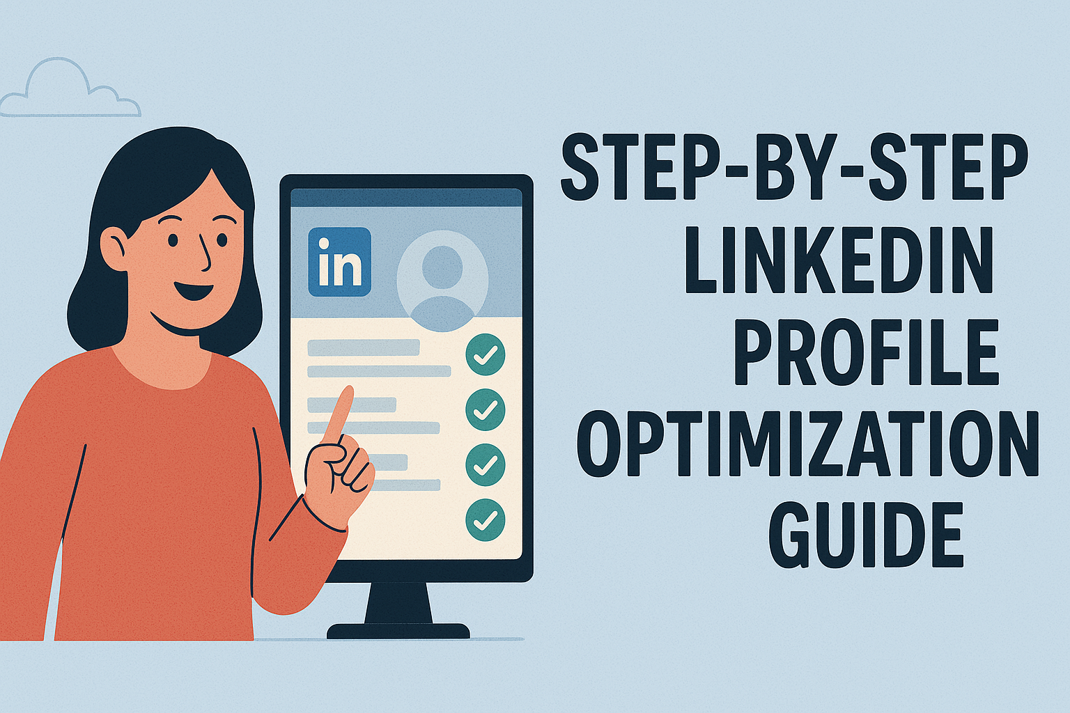 Illustration of a smiling woman pointing at a computer screen displaying a LinkedIn profile with green check marks next to each completed section. On the right side, bold text reads: "Step-by-Step LinkedIn Profile Optimization Guide." The background is light blue with a simple cloud graphic, symbolizing clarity and progress.
