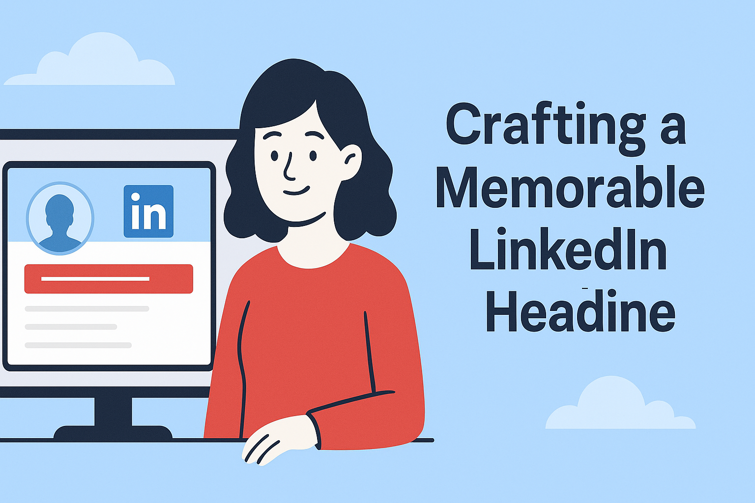 Illustration of a smiling woman in a red shirt sitting beside a computer screen displaying a LinkedIn profile. The profile has a red highlighted section representing the headline. On the right side, bold text reads: "Crafting a Memorable LinkedIn Headline." The background is light blue with stylized cloud graphics, suggesting clarity and professionalism.