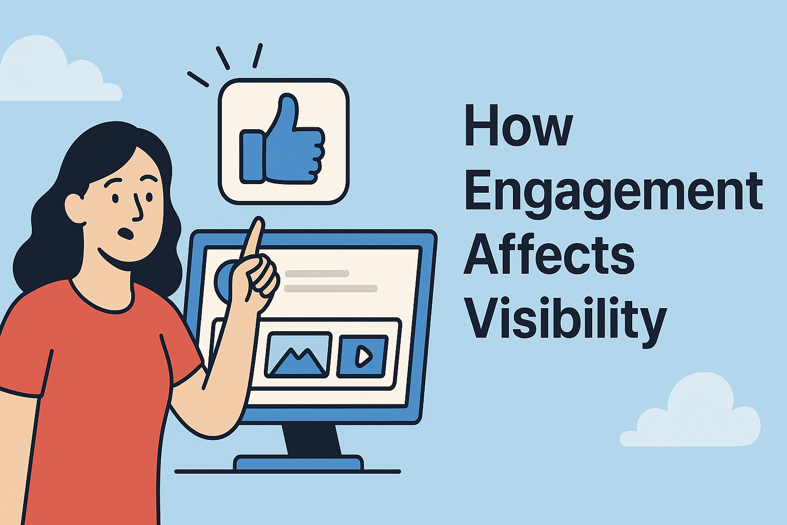 Illustration of a woman in a red shirt pointing toward a large blue "Like" icon above a computer screen displaying LinkedIn-style media content. On the right, bold text reads: "How Engagement Affects Visibility." The background is light blue with stylized clouds, emphasizing the role of interaction in improving online visibility.