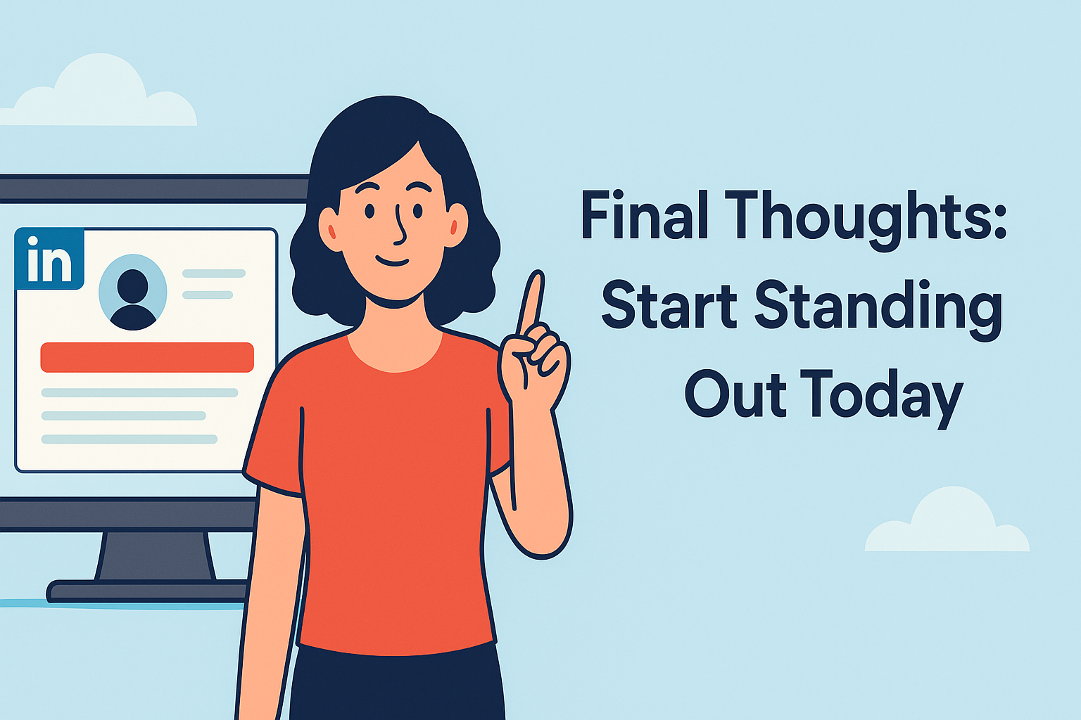Illustration of a smiling woman in a red shirt standing confidently next to a computer screen displaying a LinkedIn profile. She raises one finger as if offering a final tip. On the right side, bold text reads: "Final Thoughts: Start Standing Out Today." The background is light blue with soft clouds, symbolizing clarity and encouragement to take action.