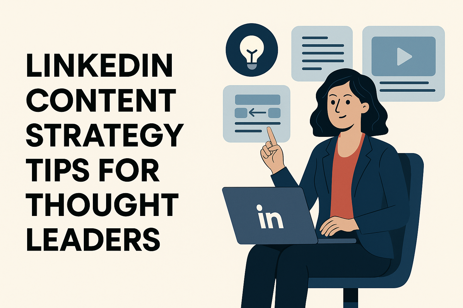 Illustration of a professional woman using a laptop with the LinkedIn logo, surrounded by icons representing content types like text posts, videos, and carousels, with the headline "LinkedIn Content Strategy Tips for Thought Leaders.