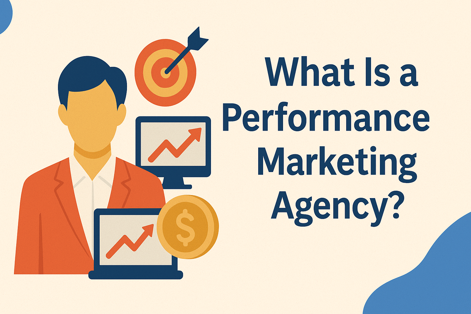 Flat-style digital illustration showing a business professional in an orange blazer on the left, surrounded by performance marketing icons including a target with an arrow, upward-trending graphs on monitors, and a gold coin with a dollar sign. On the right, large dark blue text reads: "What Is a Performance Marketing Agency?" The background is beige with abstract blue accents