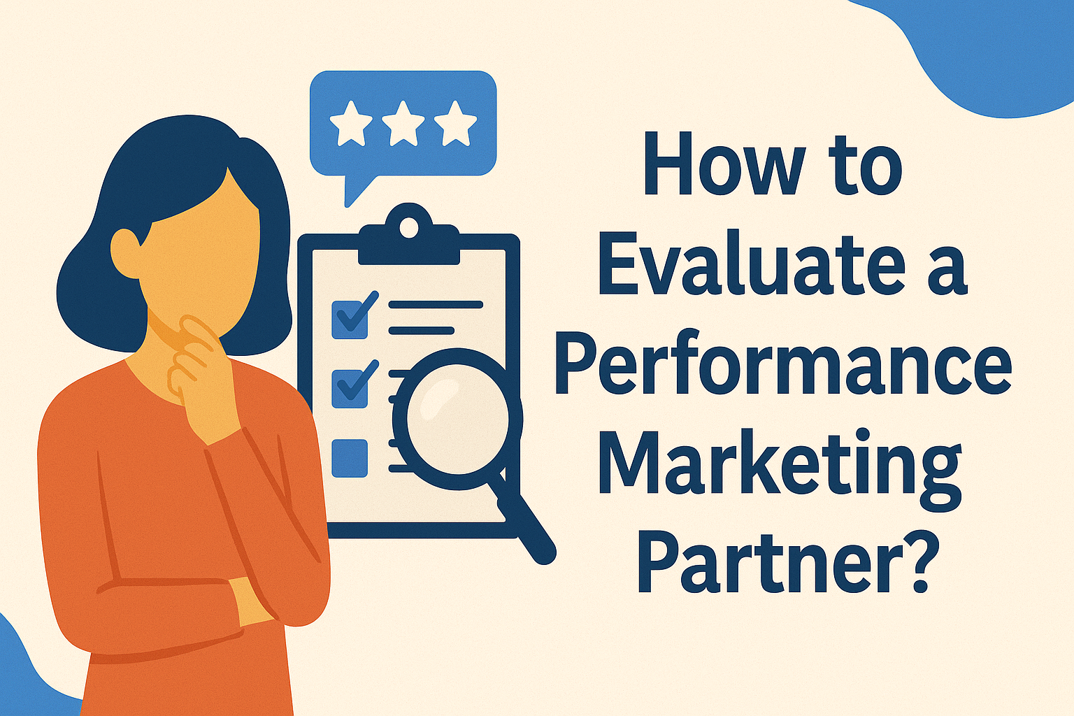 Flat-style digital illustration showing a woman in an orange shirt thoughtfully evaluating a checklist on a clipboard with a magnifying glass. Above the clipboard is a blue speech bubble containing star ratings. To the right, large dark blue text reads: "How to Evaluate a Performance Marketing Partner?" The background is beige with abstract blue shapes.