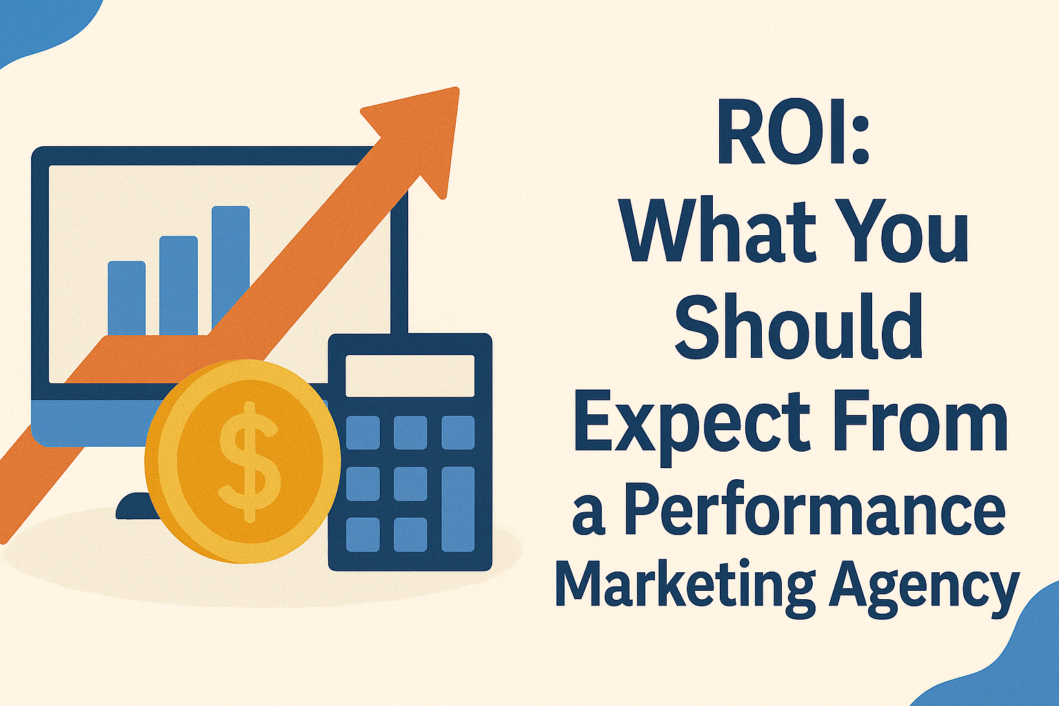Flat-style digital illustration showing a computer monitor with a rising bar chart and an upward orange arrow, symbolizing growth. In front of the monitor are a gold coin with a dollar sign and a blue calculator. On the right side, bold dark blue text reads: “ROI: What You Should Expect From a Performance Marketing Agency.” The background is beige with abstract blue shapes.