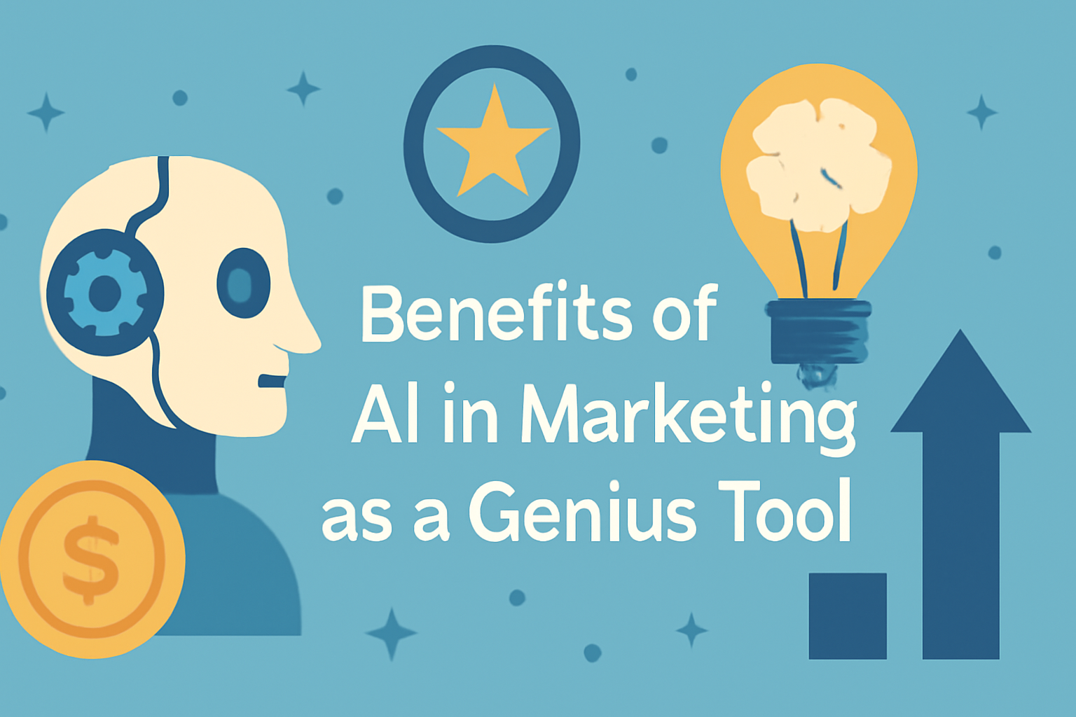 A digital illustration with a light blue background, featuring bold white text that reads "Benefits of AI in Marketing as a Genius Tool," split across three lines.
To the left, a stylized robot head with a blue gear on its temple.
Near the center, a lightbulb containing a brain icon inside it.
To the right, a gold coin with a dollar sign.
Above the coin, a dark blue upward-pointing arrow.
The design is enhanced with scattered stars and dots, giving it a modern, tech-focused aesthetic.