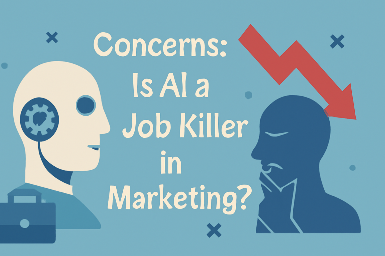 A minimalist digital illustration with a muted blue background, featuring the question "Concerns: Is AI a Job Killer in Marketing?" in bold off-white text at the center. On the left, a stylized robotic head with a gear symbol on its temple. On the right, a thoughtful human silhouette, both facing each other. A jagged red arrow points downward between them, symbolizing potential job loss. Below, a dark blue briefcase icon rests on the ground, representing the human workforce. The composition is balanced and thought-provoking, highlighting the tension between AI advancement and human employment in marketing.
