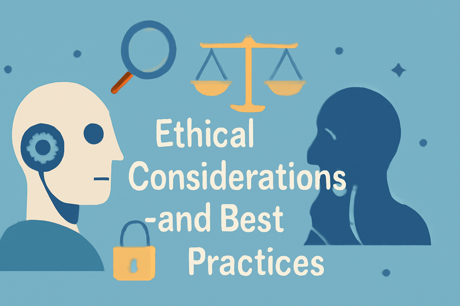A digital illustration with a soft blue background featuring the phrase "Ethical Considerations and Best Practices" in bold white text at the center.
On the left, a stylized robotic head with a blue gear symbol.
On the right, a human silhouette in dark blue.
Above the text, a golden-orange balance scale symbolizes fairness.
Below, a yellow lock icon represents data privacy.
The design is enhanced with scattered stars and dots, giving it a clean, balanced, and modern tech-themed look.