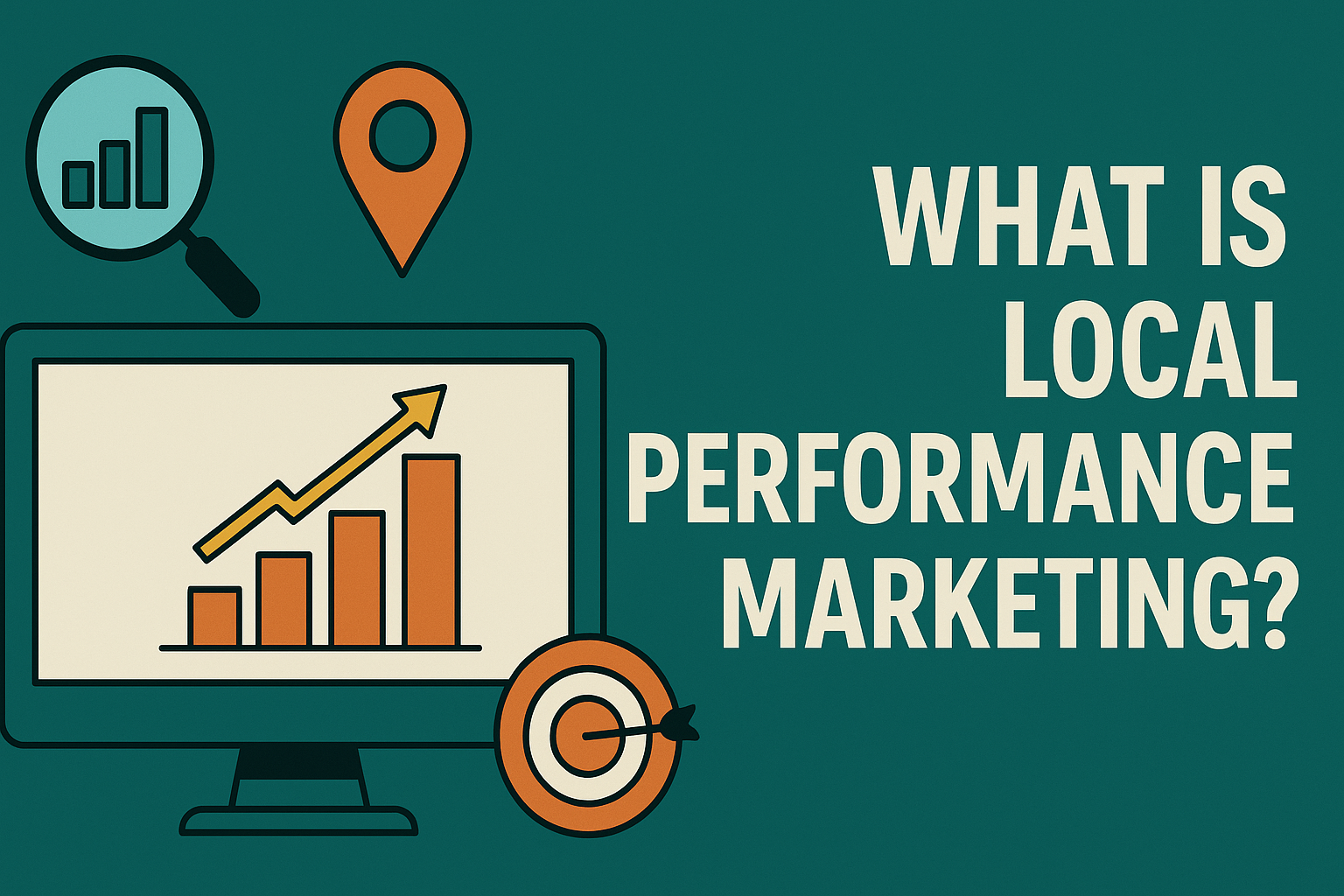 Blog header image for the topic 'What is Local Performance Marketing?' The image features bold, cream-colored text on the right side with the question 'What is Local Performance Marketing?' On the left, flat design icons include a magnifying glass, location pin, computer monitor with a bar chart, and a target, all against a teal background