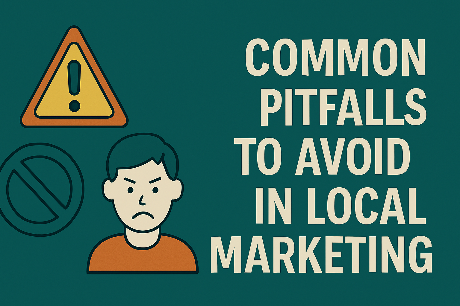 Blog header image for the topic 'Common Pitfalls to Avoid in Local Marketing.' The image features bold, cream-colored text on the right side with the headline. On the left, three flat design icons are arranged diagonally: a warning triangle, a 'no' symbol, and a displeased person, all set against a teal background.