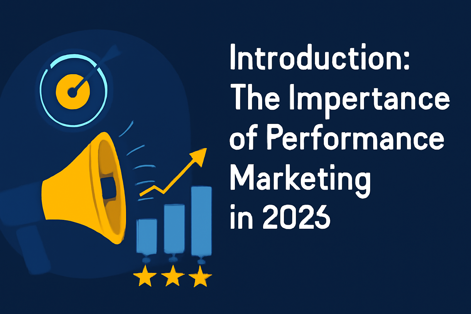 Digital illustration highlighting the importance of performance marketing in 2025. The image features bold white text on the left, with illustrations on the right including an orange megaphone, a target icon, an ascending bar chart, and three golden stars, set against a dark blue background.