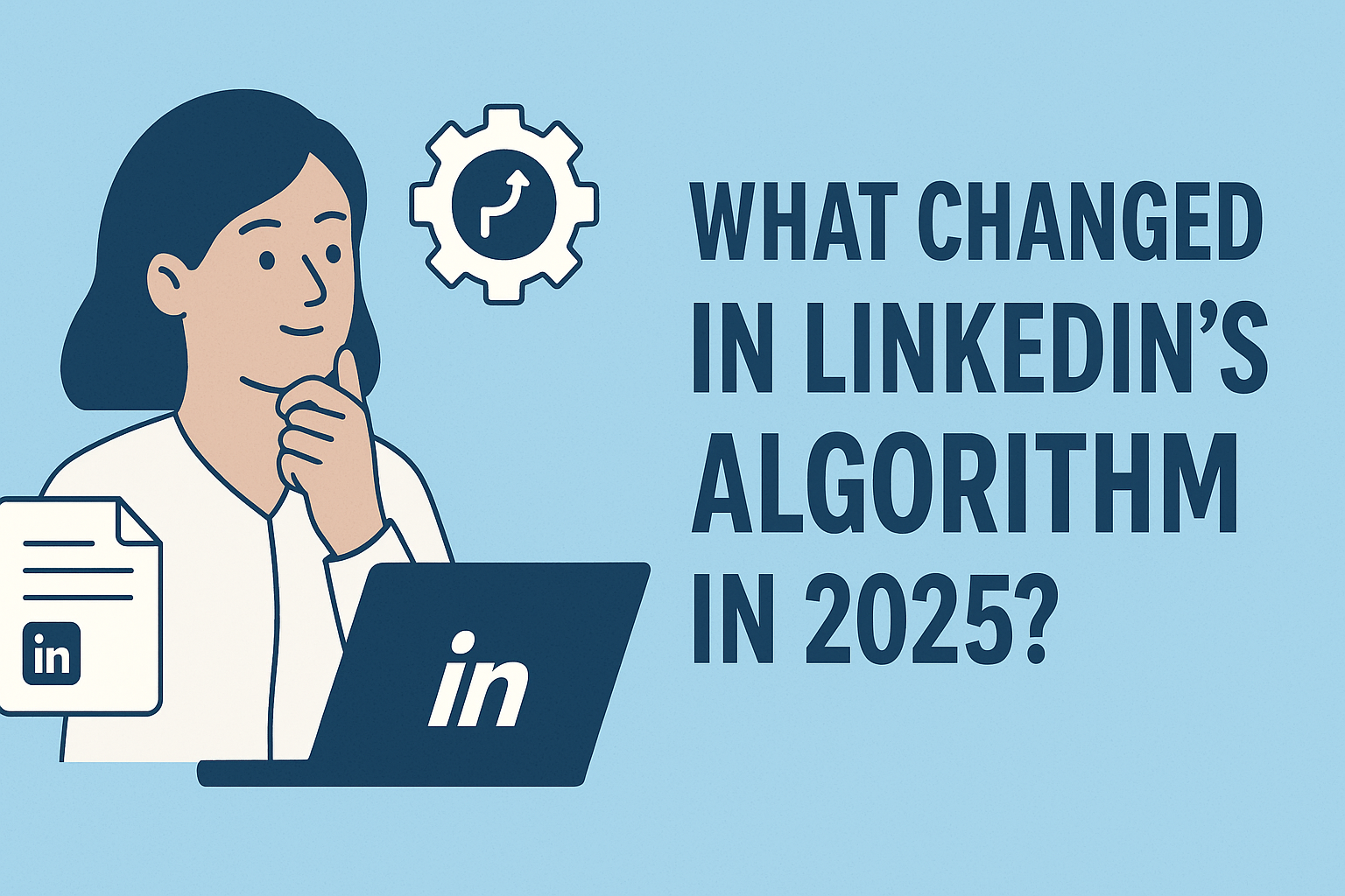 Illustration of a woman using a LinkedIn-branded laptop, appearing thoughtful with a hand on her chin. Beside her are icons of a gear with an upward arrow and a document with the LinkedIn logo. The right side features the bold blue text: "What Changed in LinkedIn’s Algorithm in 2025?" on a light blue background.