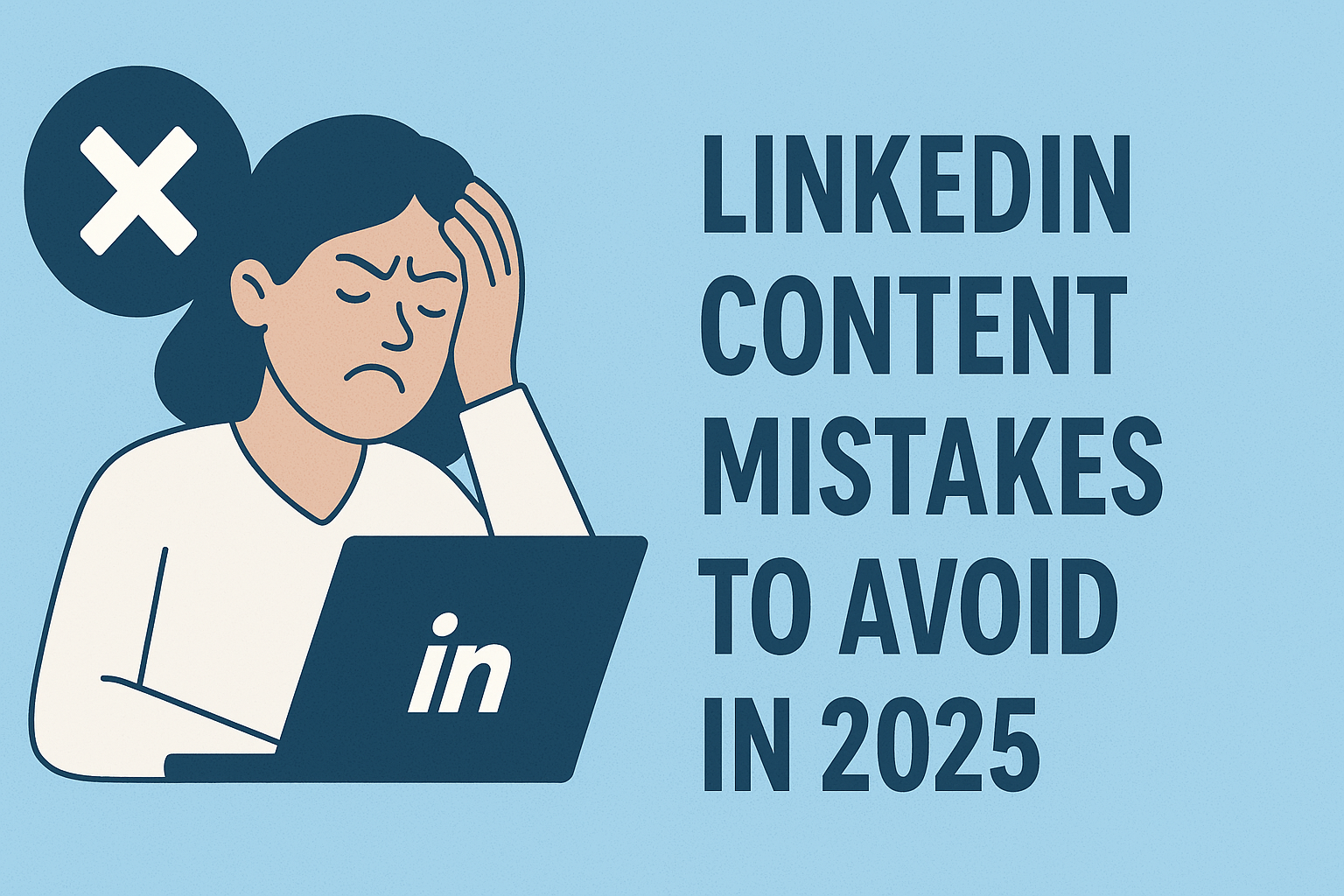 Illustration of a frustrated woman holding her head while looking at a laptop with the LinkedIn logo. A large "X" symbol appears above her, indicating a mistake. On the right side, bold text reads: "LinkedIn Content Mistakes to Avoid in 2025," set against a light blue background.
