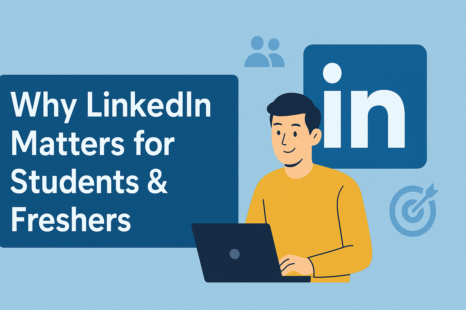 Illustration of a student using a laptop next to a large LinkedIn logo, with the headline “Why LinkedIn Matters for Students & Freshers” on a dark blue background, highlighting the importance of LinkedIn for early-career professionals.
