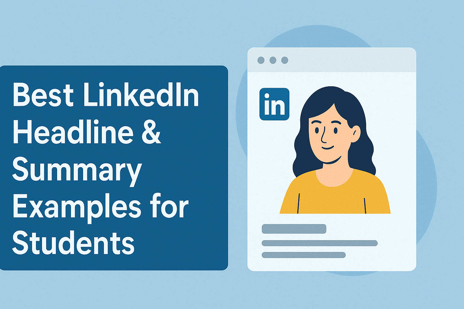 Illustration of a female student shown within a LinkedIn profile card, next to bold text reading “Best LinkedIn Headline & Summary Examples for Students” on a blue background, symbolizing profile-building guidance for students.