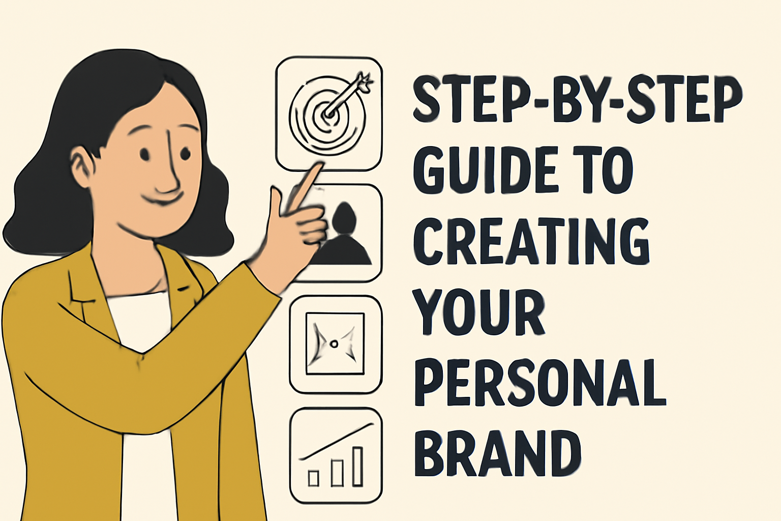 A digital illustration of a woman in a mustard-yellow blazer, pointing to a grid of icons, including a target symbol, beside the bold text, "STEP-BY-STEP GUIDE TO CREATING YOUR PERSONAL BRAND." The background is beige, and the overall design is modern and clean.








A digital illustration of a woman in a mustard-yellow blazer, pointing to a grid of icons, including a target symbol, beside the bold text, "STEP-BY-STEP GUIDE TO CREATING YOUR PERSONAL BRAND." The background is beige, and the overall design is modern and clean.