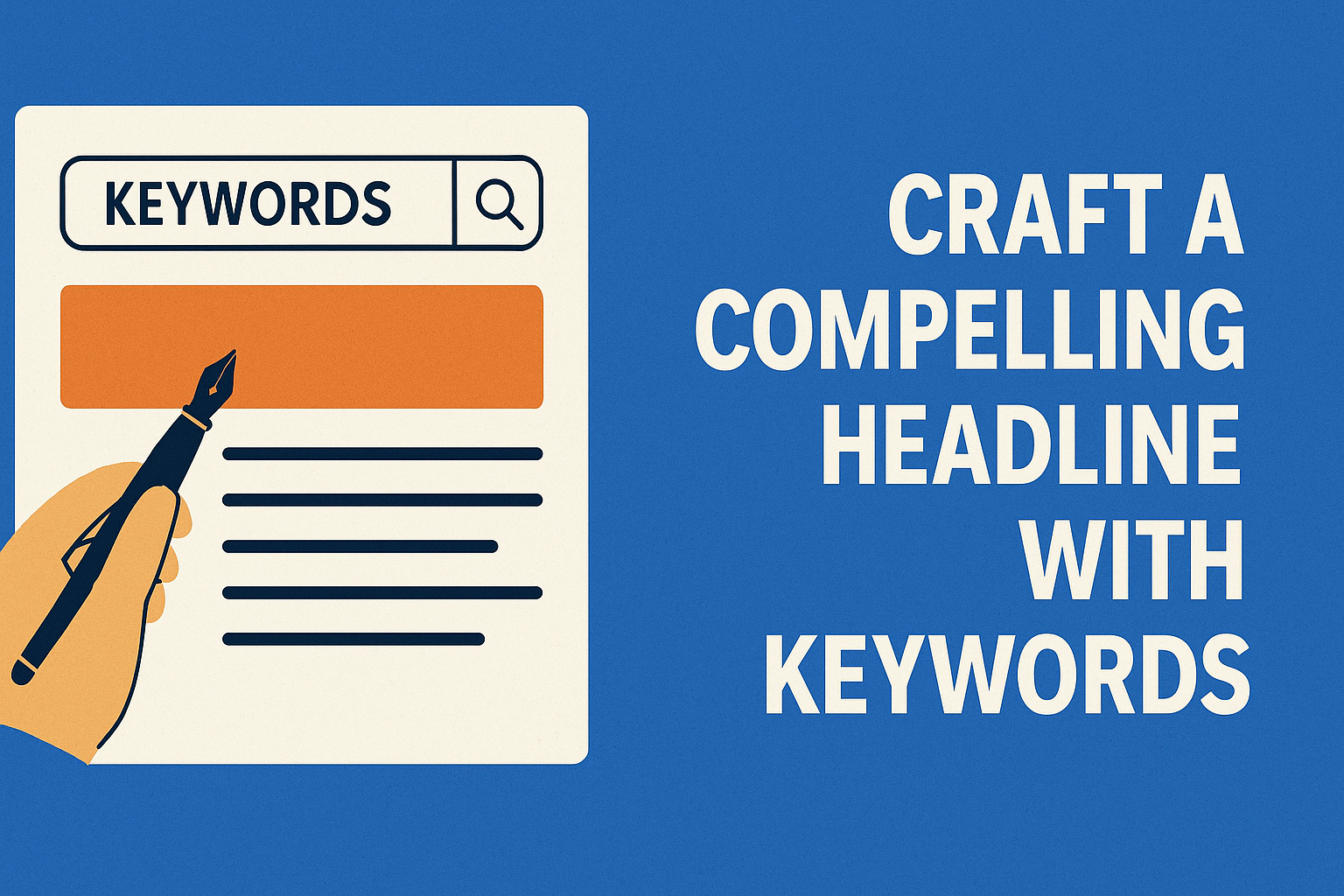 Flat-style digital illustration showing a hand holding a fountain pen, pointing at an orange headline bar on a paper with the word 'KEYWORDS' in a search bar above. On the right, bold white text on a blue background reads 'CRAFT A COMPELLING HEADLINE WITH KEYWORDS'