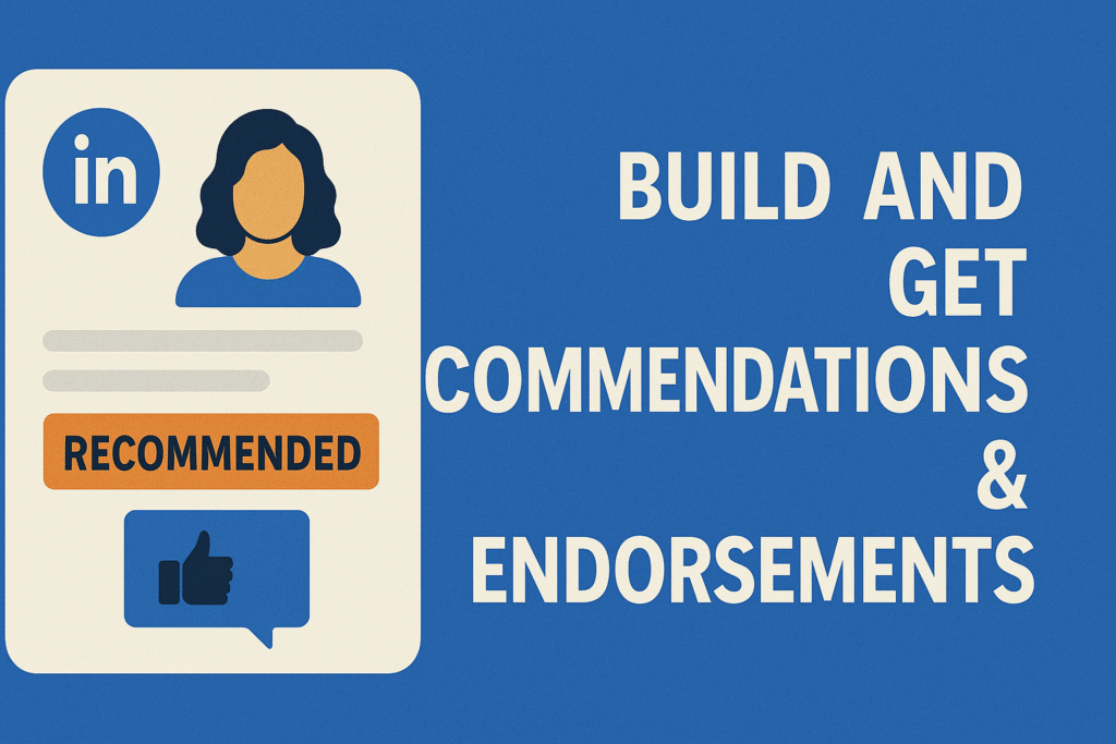 Flat-style digital illustration showing a LinkedIn profile card with an avatar, orange 'RECOMMENDED' label, and a blue thumbs-up icon. On the right, bold white text on a blue background reads 'BUILD AND GET COMMENDATIONS & ENDORSEMENTS'.