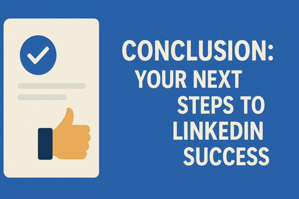 Flat-style digital illustration with a beige document icon featuring a blue checkmark and two grey text lines, accompanied by an orange thumbs-up icon. On the right, bold white text on a blue background reads 'CONCLUSION: YOUR NEXT STEPS TO LINKEDIN SUCCESS'.