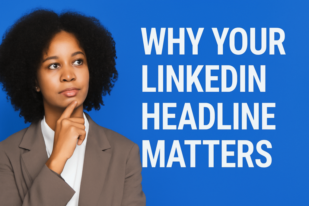 A professional image of a young African American woman with curly hair, wearing a taupe blazer and white shirt. She is thoughtfully touching her chin while standing against a bright blue background with bold white text reading 'WHY YOUR LINKEDIN HEADLINE MATTERS.