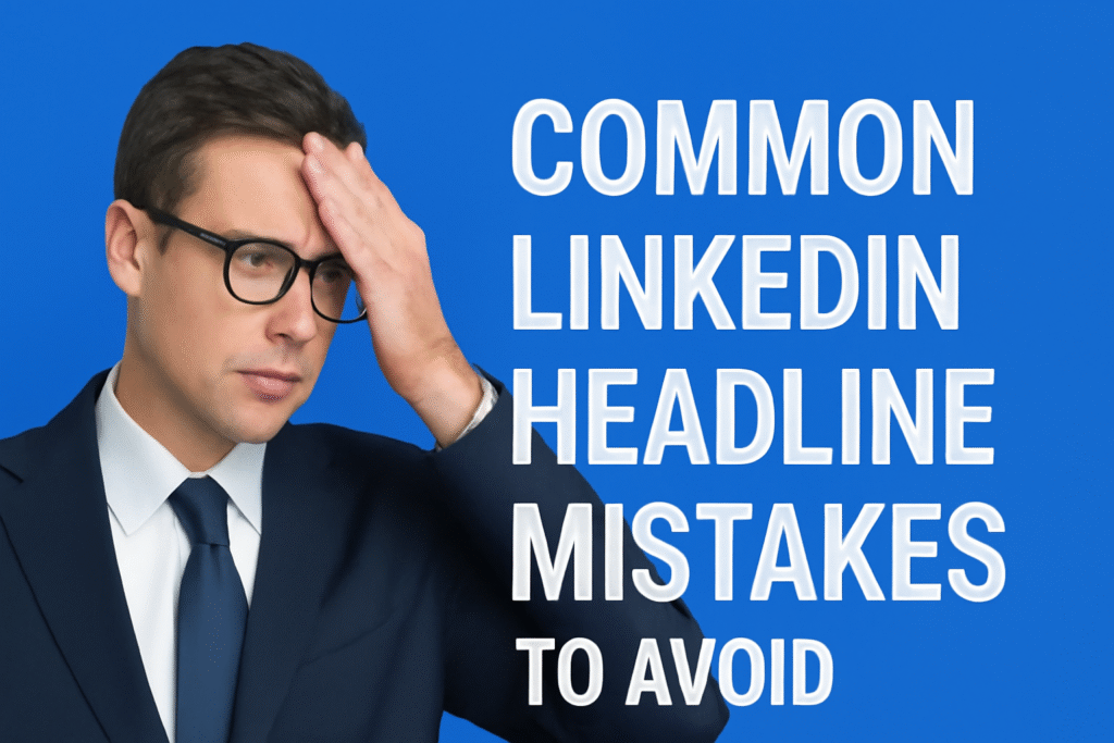 A professional image showing a young Caucasian man in a navy suit, with glasses and a focused expression, holding his forehead in frustration. On the right side, bold white text reads 'COMMON LINKEDIN HEADLINE MISTAKES TO AVOID' against a bright blue background.