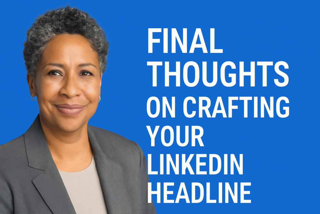 A confident African-American woman in her late 40s or early 50s, dressed in a gray blazer and beige blouse, smiles warmly. She is positioned on the left against a vibrant blue background with bold white text on the right reading 'FINAL THOUGHTS ON CRAFTING YOUR LINKEDIN HEADLINE.